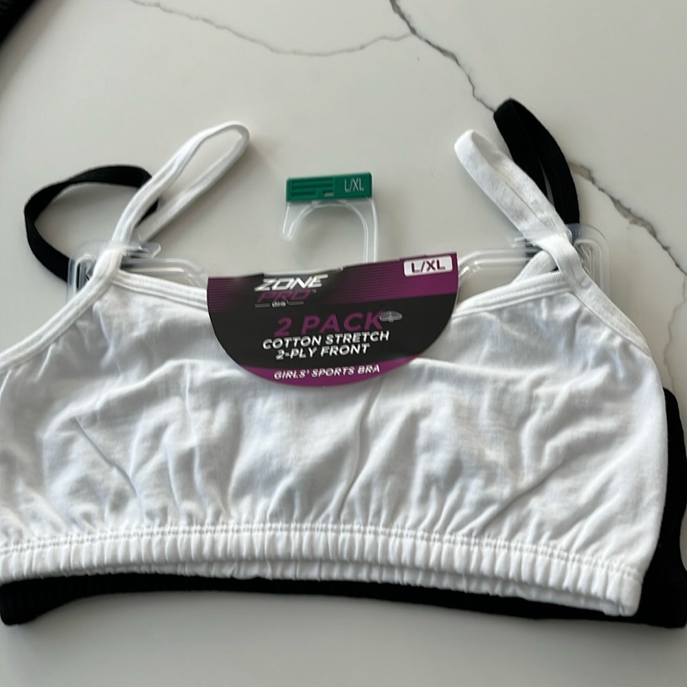2-Pack Zone Pro Girls Cotton stretch 2-Ply Front Sports Bra Size L / XL